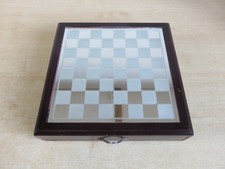 Frosted Glass Chess Set with wooden storage boxes.
