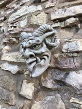 Devil gargoyle face wall planter stone garden ornament horned beast tongue 