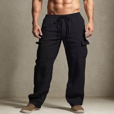 Mens Cotton Linen Cargo Combat Pants Elasticated Waist Pockets Joggers Trousers