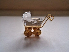 Swarovski Crystal Baby Carriage Pram Gold plated Vintage 35mm Tall Used