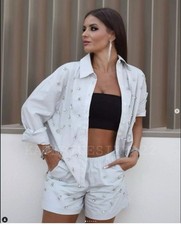 ZARA GREY RHINESTONES EMBROIDERED POPLIN LONG SHIRT And MATCHING SHORTS SIZE M 