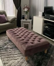 Handmade Chesterfield plush velvet footstool, natural gloss Castor wooden legs