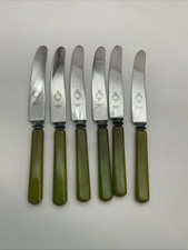 Vintage Butter Fruit Knife Set Green Bakelite Sheffield Stainless Art Deco Six 