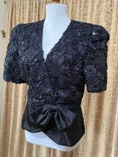 80’s Vintage Sequin Peplum Top Size 12 Black Evening Wear Wrap Top Blazer Large