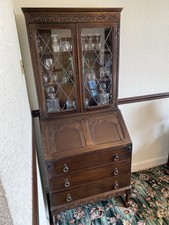 Repro antique Priory writing bureau Bookcase Dark Wood Lead Glass Doors 3 Drawer