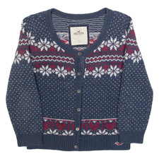 HOLLISTER Girls Icelandic Cardigan Blue Fair Isle Tight Knit L