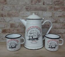 Enamel Coffee Pot & Mugs Set. Nautical theme.