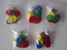 5 Packs of Counters and Dice, Tiddlywinks, total 80 (22mm) counters & 5 dice