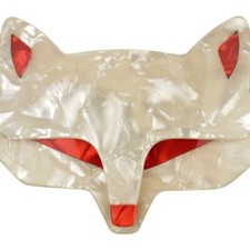 LEA STEIN Brooch Fox Wolf Head In Cream And Red Acetate Handmade In Paris France