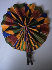 African Print Kente Red Green Blue Black Orange Folding Leather Fan Minor Defect
