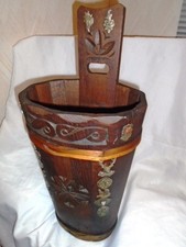 Unique Vintage Umbrella Stand Carved Wood Austrian.  Emblems mainly MAYRHOFEN.