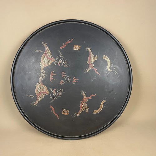 Wooden round tray dragons - wooden,