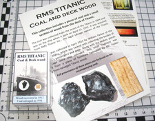 RMS Titanic coal fragment and deck wood piece w/ID card double display 1 per bid