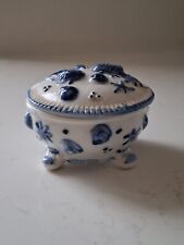 Lidded Ceramic Trinket Pot Shrimp & Shells Blue and White With Feet