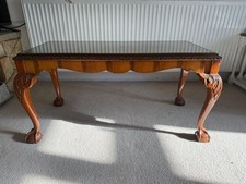 Vintage Carved Queen Anne Style Wooden Coffee Table Inlaid Glass Top