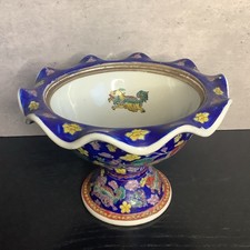 Old Signed Handpainted Chinese Pedestal Footed Bowl Blue Floral Foo Dogs NO LID
