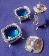 Vintage Grenadier Silver Plated 4 Pce Condiment Set Blue Lined Lidded Pepper Pot