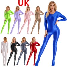 UK Womens Bodysuit Oil Shiny Suit Long Sleeve Full Body Footed Unitard Jumpsuit