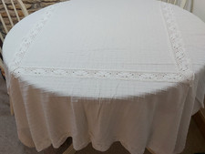 Vintage Mid Century Cheesecloth Large Tablecloth 60" x 80" Lace inset Camper etc