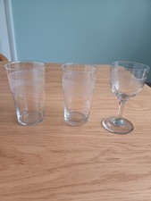 2 tumblers and 1 sherry/port glass. Edwardian,  hand blown, etched pattern .