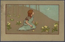 Girl seated among primroses - 1911 postcard by Sybil Barham