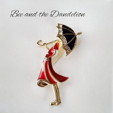 Enamel Lady With Crystal Trimmed Umbrella Brooch  - 5cms ~ Art Deco Style