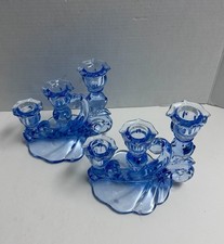 Blue glass candelabra pair - blue,