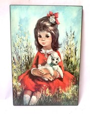 Vintage 1960s DALLAS SIMPSON PRINT on wood BIG EYED crying Girl & poodle Kitsch 
