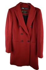 Zara Womans Red Manteco Wool Blend Long Overcoat Size XS Button