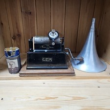 An Antique Edison Gem Phonograph with Horn and Cylinder Record c. 1905