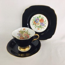 Vintage Windsor Black Floral Bone China Teacup Saucer England EB12JH