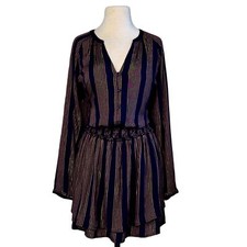 Rails Black Bronze Gold Jasmine Midas Metallic Striped Smocked Dress Size L NEW!
