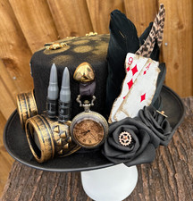 Unique Black Steampunk Top Hat Feathers Goggles Pocket watch Cards 57cm  (27)j