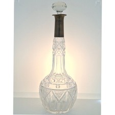 Cut Crystal Glass Decanter Brass Mounted Collar Antique Large