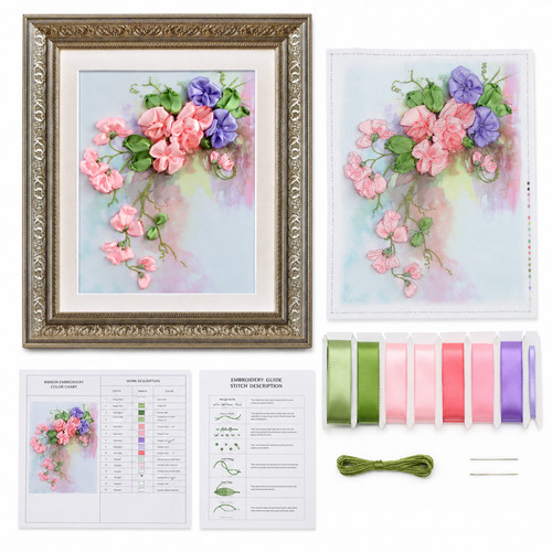 Ribbon embroidery kit printed - ribbon,