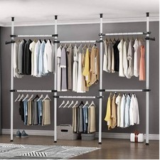 Heavy Duty Clothes Rack 4 Poles 6 Bars Telescopic Coat Hanger Wardrobe Organiser