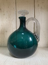 19th Century Antique Emerald Green Cut Glass Decanter  Twisted Handle
