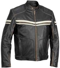 Mens Black Motorcycle Genuine Cow Hide Vintage Leather Jacket With White Stripes