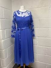 Coast Cornflower Blue Embroidered Bodice Pleated Skirt Belted Dress Size 16 PK