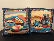 Vintage Aztec Southwest VIP Cranston Cactus & Pottery Pillows Set of 2 16”x16”
