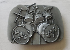 Silver Tone Skull Skeleton Playing Drums Belt Buckle Biker Heavy Metal Rock