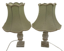 Pair Vintage Marble Alabaster Bedside Table Lamps Green Shades H43cm - B12T O846
