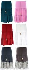 Womens new elastic waist stretch 3 tier rara skirt with beaded ties Ladies Plus