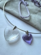 Two Lalique Crystal Rose and Small Purple Hearts Pendants w. Coil and Cord