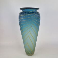 Large Art Glass Studio Vase 31cm Mottled Blue Leaf Decor Will Shakspeare Signed