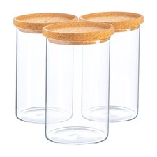 3x Scandi Storage Jar & Cork Lids Modern Food Kitchen Container 1 Litre Clear