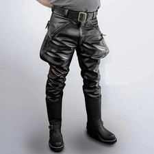Mens Black Leather Breeches Jodhpurs Style Pants Horse Riding Biker Trousers