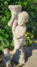 Vintage Concrete 30" Cherub Holding Horn Bird Bath Top Missing Good Condition