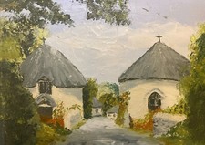 Naive Oil Painting Round Houses Veryan Roseland Peninsula H: 25.5cm With Frame