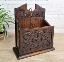 Antique Wooden Letter Box, Post Box Arts & Crafts Carved Wood Celtic Knots, Rack